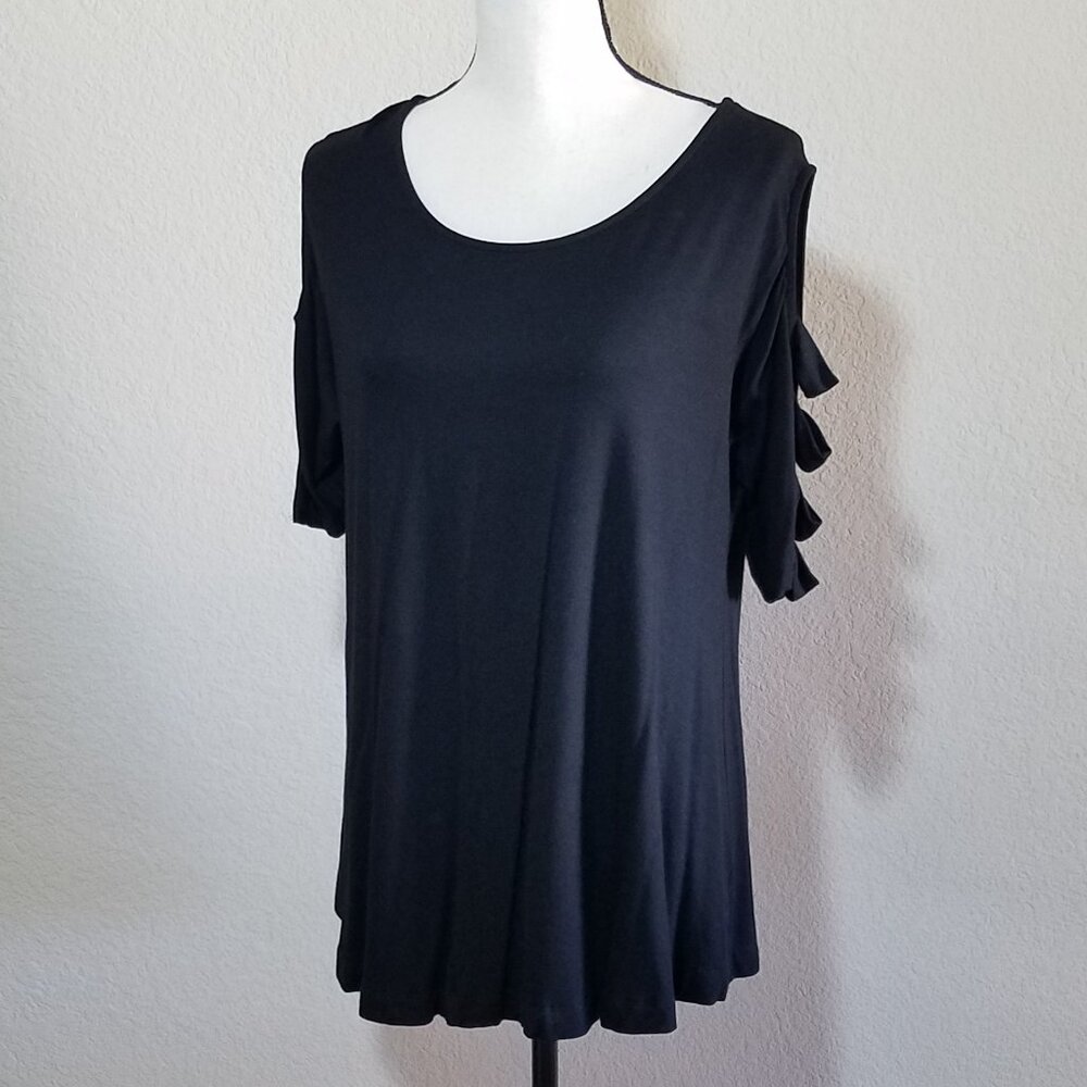 Womens Black Top Medium Small Open Cold Shoulder Blouse Short Sleeve Slits Shirt